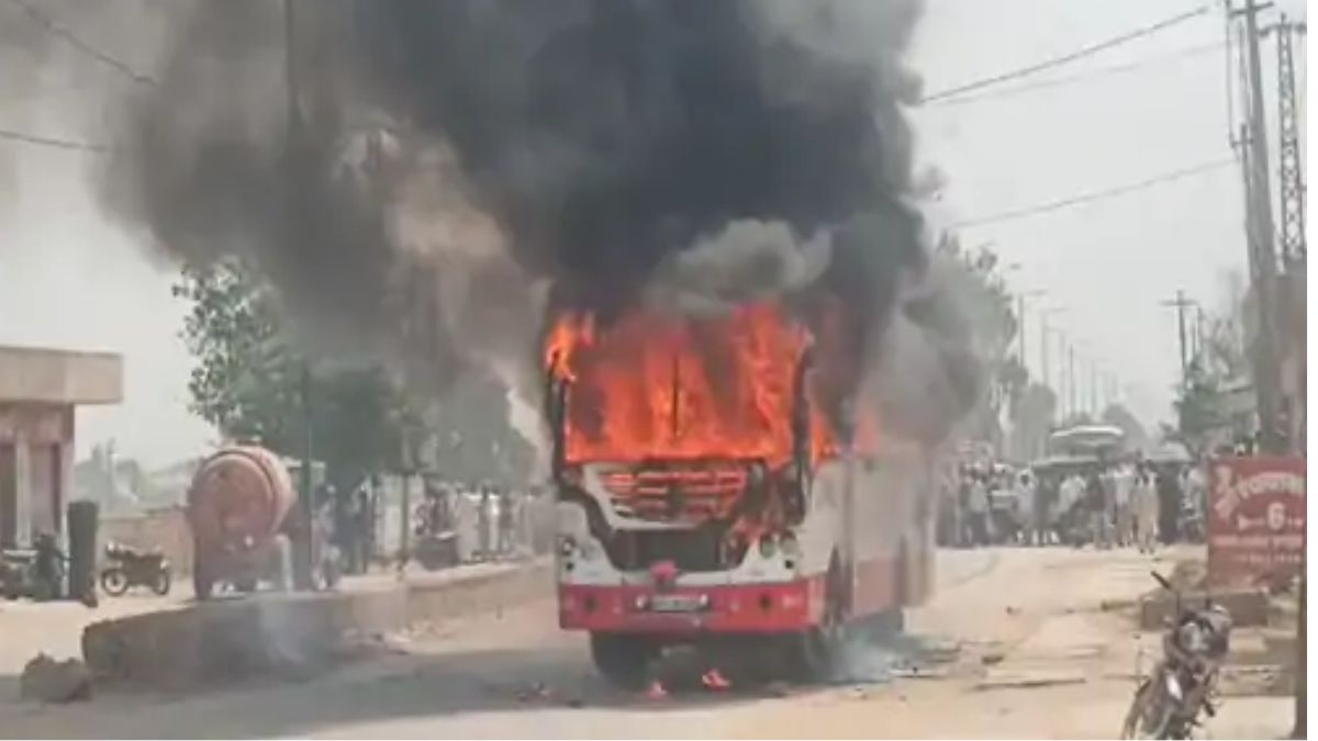 Angry locals set a bus on fire after the death of a man by accident in Hanumangarh
